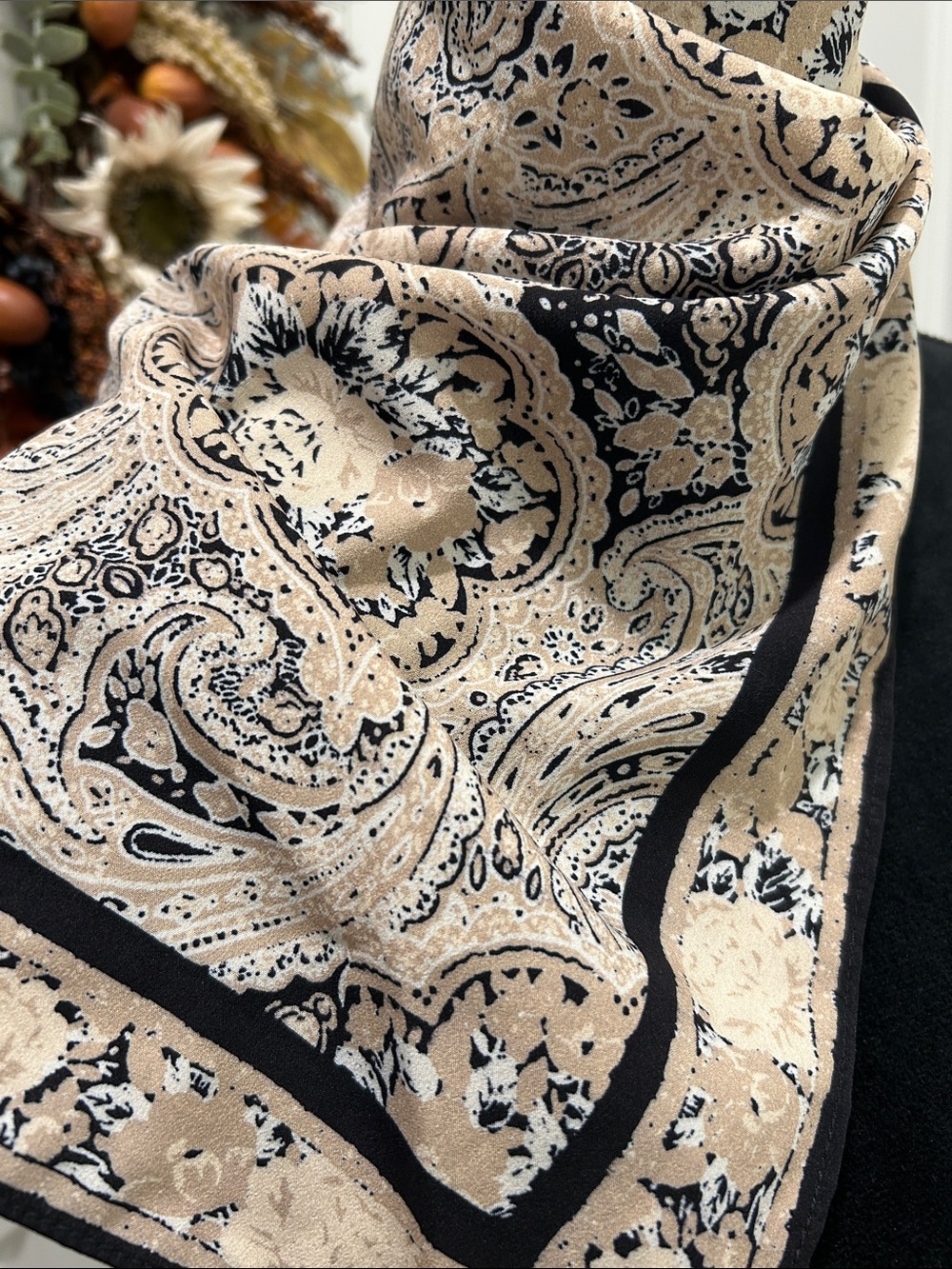 Beige Paisley Neck Scarf with Black Trim - Women Accessories OS - Picture 3 of 8